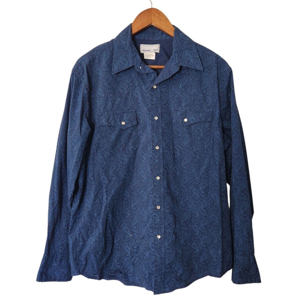 Wrangler Wrancher Mens L Blue Paisley Long Sleeve Western Shirt Cowboy Rodeo
